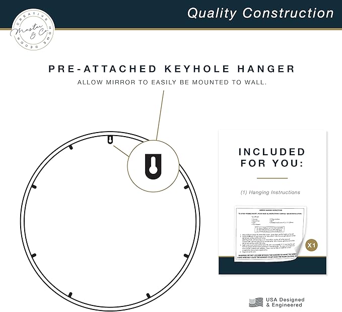 MCS Master & Co. 26in Round Metal Black Mirror, Modern Wall Hanging Large Mirror for Bathroom, Bedroom & Livingroom