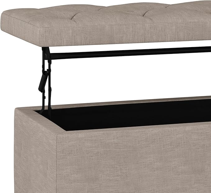 SIMPLIHOME Hamilton 44 inch Wide Traditional Rectangle Lift Top Rectangular Storage Ottoman in Natural Linen Look Fabric, Assembled, For the Living Room, Entryway and Family Room