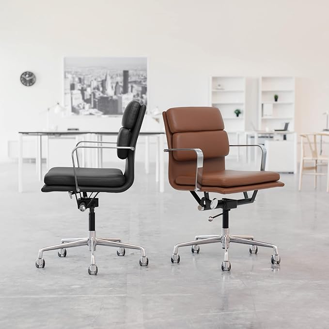 Laura Davidson Furniture SOHO II Padded Management Office Chair - Mid Back Desk Chair with Arm Rest, Swivel & Cushion Availability, Made of Faux Leather, Brown, Computer Chair