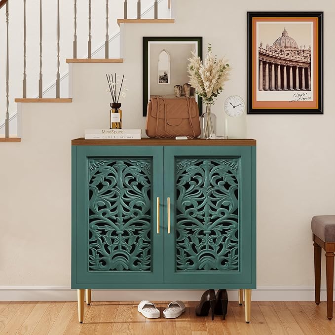 ARTPOWER Accent Cabinet with 2 Doors, Vintage Hollow Carving Buffet Cabinet, Sideboards and Buffets with Storage, Credenza for Living Room, Kitchen, Dining Room, Entryway, Hallway, Green