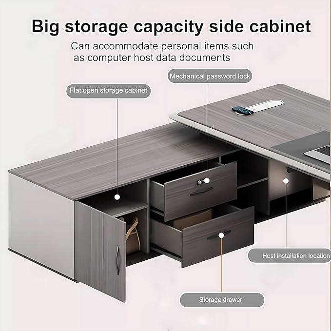 94IN Executive Office Desk - Large Office Desk L Shaped Computer Desk with 2 Drawers & Grille Design | Thickened Countertop & Large Capacity Side Cabinet Storage & Metal Cabinet Handle