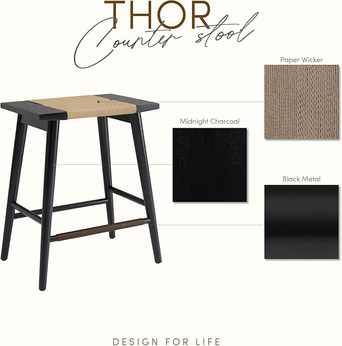 Thor Wicker Premium Solid Wood Counter Stool 24", Backless Counter Height Seating with Hand-Knitted Rope, Eco-Friendly Modern Design (Midnight Charcoal)