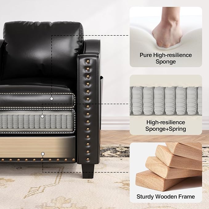 Mid Century Modern Accent Chair, 30 Inches PU Leather Armchairs, Barrel Chair Living Room Chairs Club Chair with Cushion Reading Chair for Bedroom, Apartment, Reading Room, Black