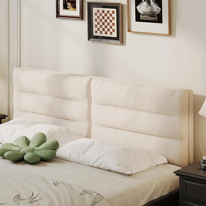 Queen Size Velvet Headboard Foldable Panels Backboard, Upholstered Full Headboard Adjustable Height from 42" to 56" Head Borad-Ivory
