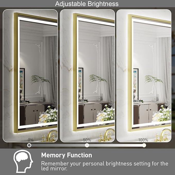 LED Bathroom Mirror, 28x36 Inch Frontlit & Backlit Gold Framed Lighted Mirror,Wall Mouted Vanity with Lights,Double Lights Strips,Anti Fog Stepless 3 Colors Temperature & Dimmable
