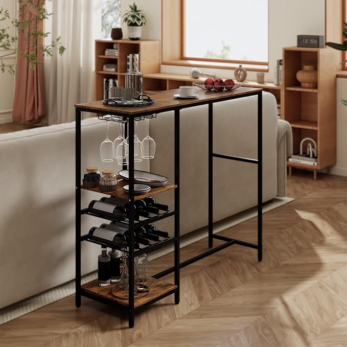 COSTWAY 48" Long Bar Table, Bar Height Dining Table with Storage Shelves, Wine Racks & Stemware Holders, Industrial Breakfast Table for Kitchen Living Room Behind Couch, Rustic Brown