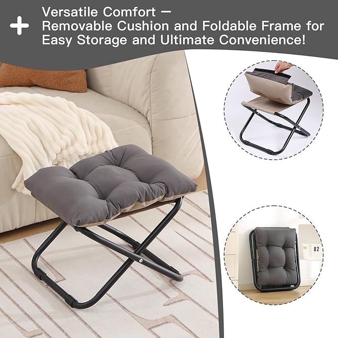 LITA Folding Upholstered Footrest with Straight & Square Shape,Small Ottoman， Dark Grey