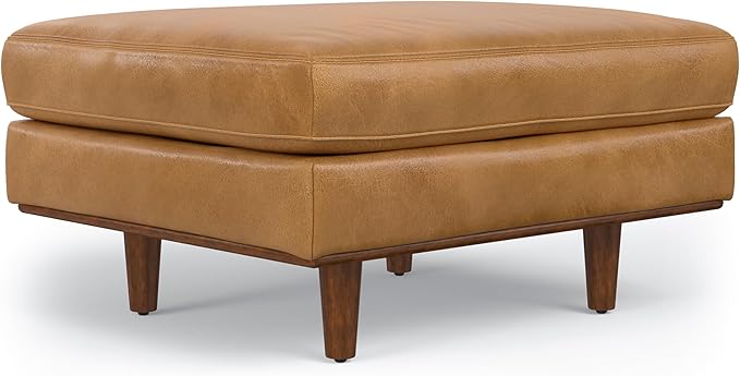 SIMPLIHOME Morrison 33 inch Wide Ottoman in Sienna Genuine Leather, Multifunctional Footrest, Coffee Table, and Extra Seating for Living Room, Mid-Century Modern Style