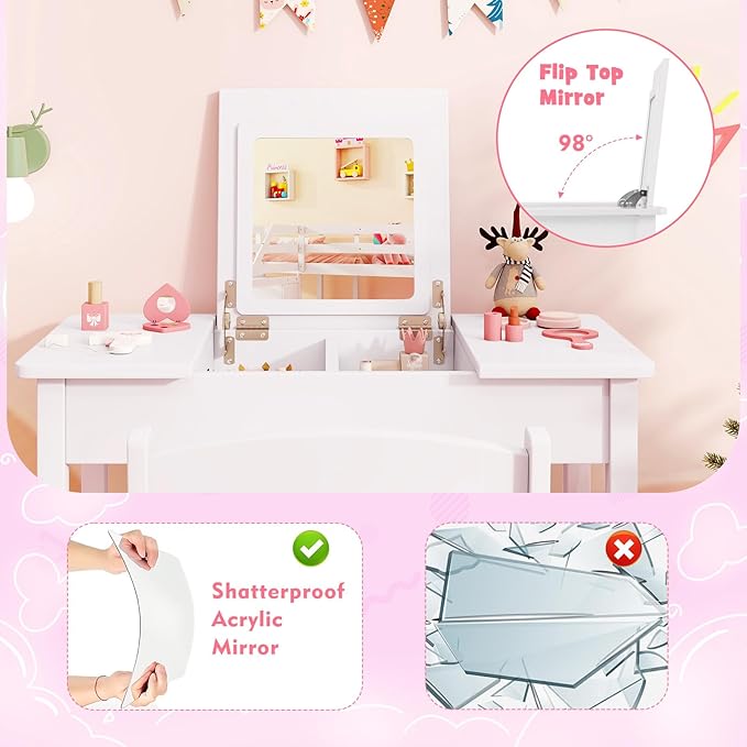 HONEY JOY Kids Vanity, Wooden Girls Vanity Desk with Flip Top Mirror, Hidden Storage Space, Toddler Makeup Vanity Dressing Table, Pretend Play Kids Vanity Table and Chair Set (White)