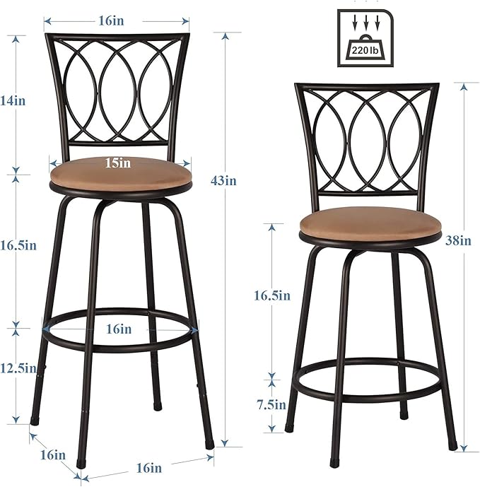 VECELO Barstools, Adjustable Counter Stools, Steel Bar Stools with 360 Degree Swivel Seat and Upholstered, Curved Line Backrest,