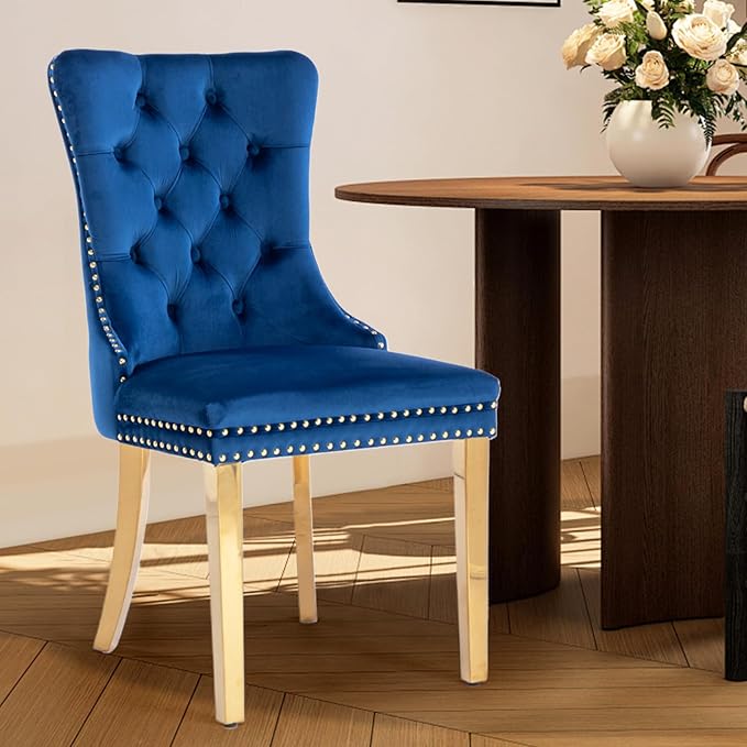 Velvet Upholstered Dining Chairs Set of 4, Modern Style Kitchen Side Chairs with Nailhead Trim and Gold Plated Leg, Metal Pulling Ring for Dining Room Living Room(Blue-Gold Plated Leg)