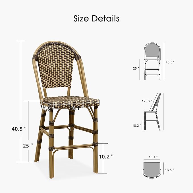 PURPLE LEAF French Counter Height Bar Stool Set of 4 25" Bamboo Print Finish Patio Bar Chairs with Back Rattan Bar Chairs French Bistro Set for Kitchen Outdoor Counter Stool Brown