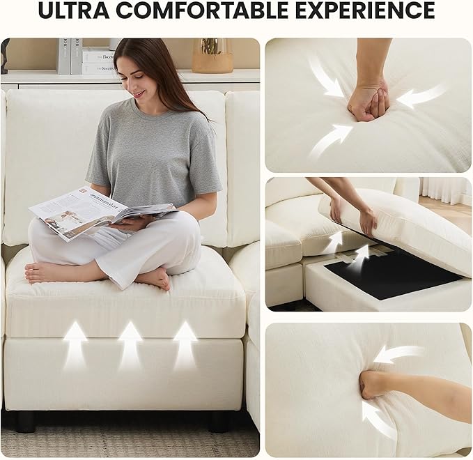 3-Seater Modular Sectional Cloud Sofa with Ottoman, L-Shaped Couch for Living Room, Modern Convertible Deep Seats Sofa, Chenille Beige