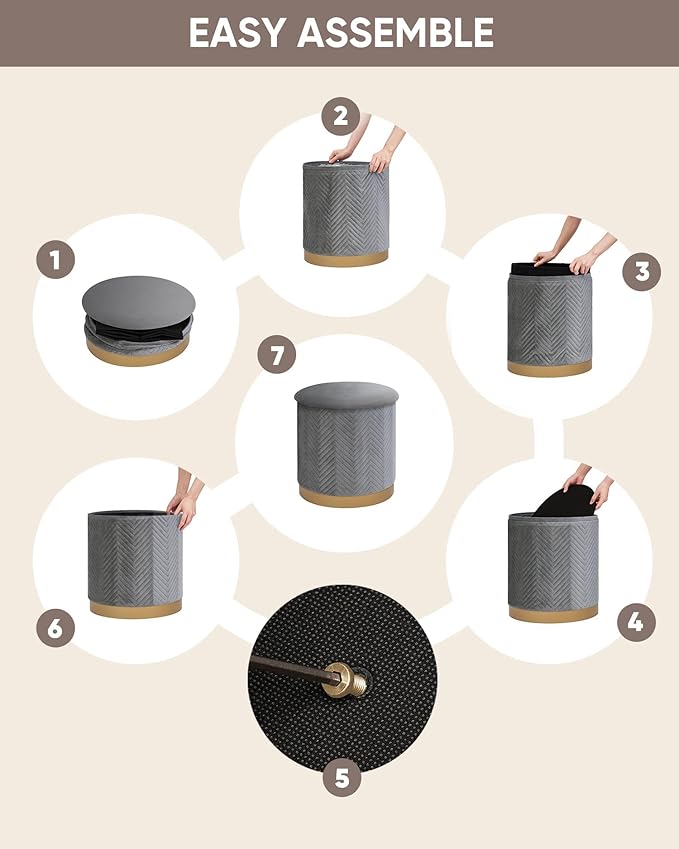B FSOBEIIALEO Ottoman with Stroage, Round Velvet Storage Ottoman with Gold Plating Base,Foot Rest Stool for Dorm Room, Living Room Grey, 16.73"x16.73"x17.72"