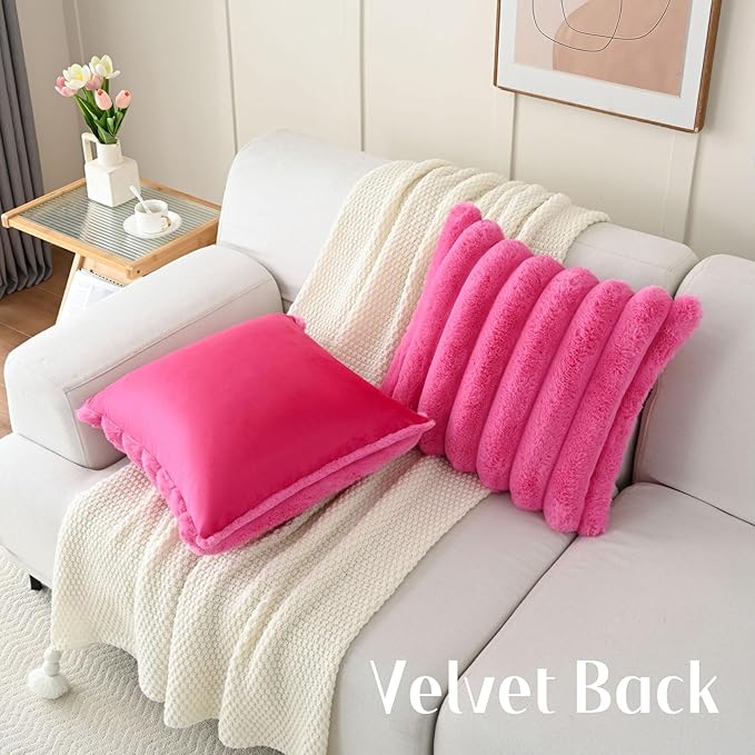 FUTEI Hot Pink Decorative Throw Pillow Covers 26x26 Inch Set of 2, Square Soft Faux Rabbit Fur Thick Striped Euro Pillow Shams,Winter Home Decor for Couch Bed Living Room