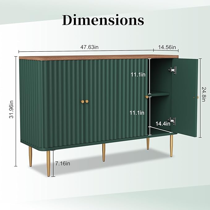 HLR Sideboard Buffet Cabinet, 48" Modern Accent Cabinet with 4 Door and Removable Shelves, Credenza with Storage for Living Room, Dinning Room, Entryway, Green
