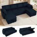 110" Corduroy Pull Out Sofa Bed w/Adjustable Backrests, Sectional U-Shape Sleeper Sofa w/Storage Chaise, Convertible Couch Bed w/USB Charging Port & Cup Holders for Living Room, House, Blue