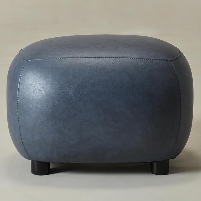 KINWELL 23" Wide Faux Leather Upholstered Ottoman, Mid-Century Modern Living Room Footrest with Soft Padded Seat, Footstool for Bedroom, Entryway or Living Room, Navy