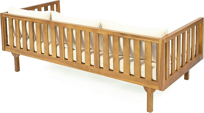 Christopher Knight Home Claremont Outdoor 3 Seater Acacia Wood Daybed with Fabric Water Resistant and Removable Cushions, Patio Garden Poolside Sofa with Slat Paneling Armrest and Back, Teak and Beige