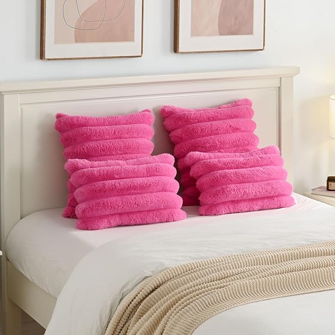 FUTEI Hot Pink Decorative Throw Pillow Covers 26x26 Inch Set of 2, Square Soft Faux Rabbit Fur Thick Striped Euro Pillow Shams,Winter Home Decor for Couch Bed Living Room