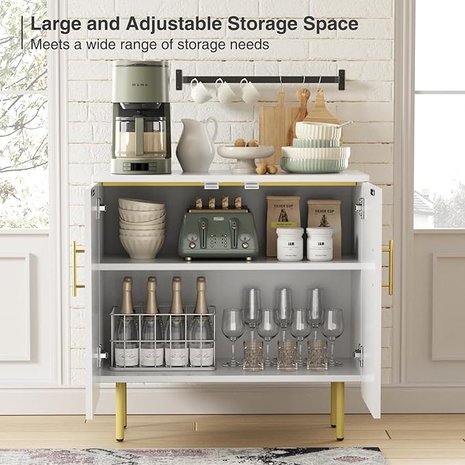 Set of 2 Fluted White Storage Cabinets, Modern 2-Door Sideboard Buffet Cabinet with Adjustable Shelves and Metal Legs, Accent Cabinet for Kitchen, Living Room, Entryway (White & Gold)