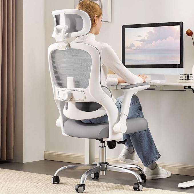 Ergonomic Office Chair - Computer Desk Chairs Comfy, Mesh High-Back Gaming Chair with Adjustable Lumbar Support, Executive Task Chair for Adults, Comfortable for Long Hours (White Grey)
