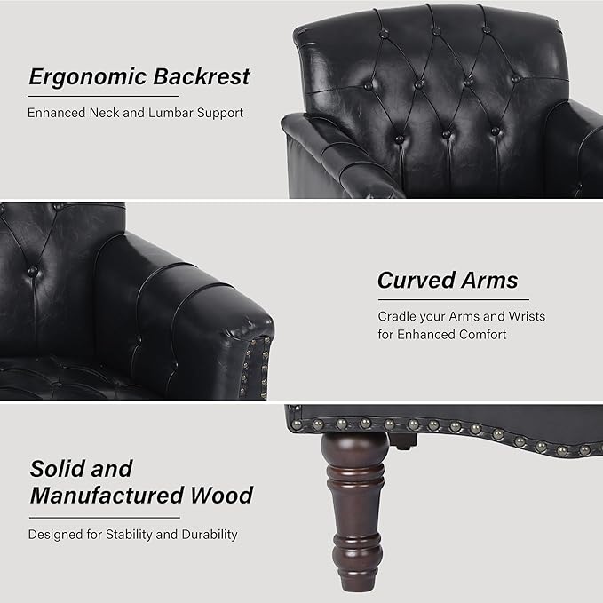Faux Leather Accent Chair, PU Leather Modern Comfy Upholstered Armchair with Wood Legs & Nailhead Trim for Living Room, Bedroom