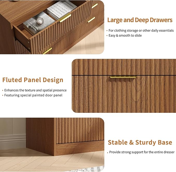 Fluted Dresser for Bedroom with 8 Drawer, 55” Wide Wooden Dresser Mid Century Chest of Drawers w/Gold Handle, Fluted Dressers TV Stand Closet Storage Organizer for Living Room, Natural Oak