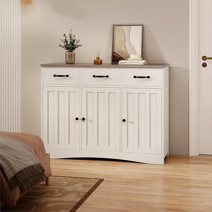 Gizoon Farmhouse Sideboard Buffet Cabinet, 42.5'' Kitchen Storage Cabinets with 3 Drawers and Barn Doors, Wood Coffee Bar Cabinet with Adjustable Shelf for Kitchen, Dining Room, Living Room, Grey