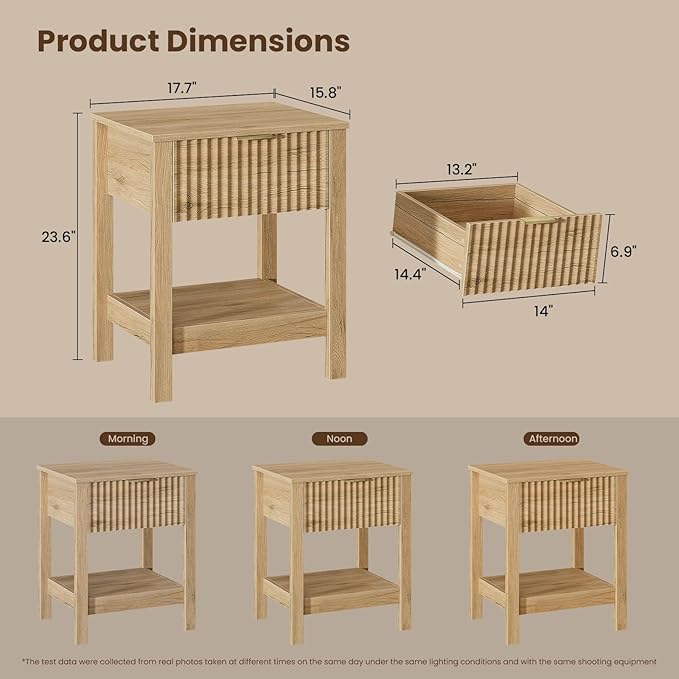 Fluted Night Stand with Golden Handle,Mid-Century Nightstands with Drawer,Modern Bedside Table with Storage Shelf,Large End Tables for Livingroom,Bed Side Tables for Bedroom,Natural Oak