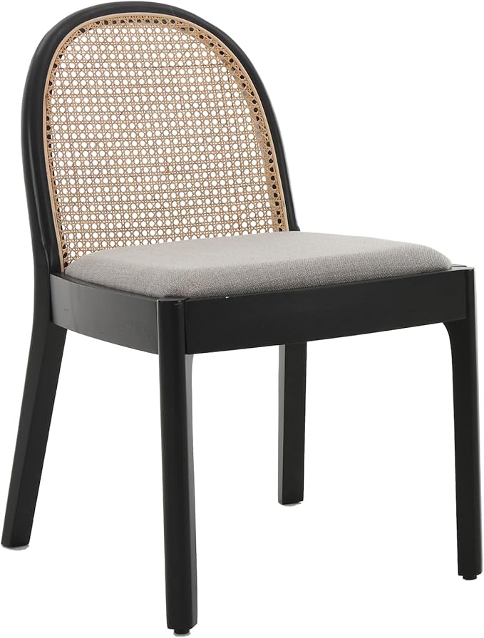 Rattan Dining Chairs Set of 2, Modern Dining Room Chairs with Cane Back Comfy Accent Kitchen Chair Upholstered Linen Fabric Chair for Restaurant/Living Room, Grey