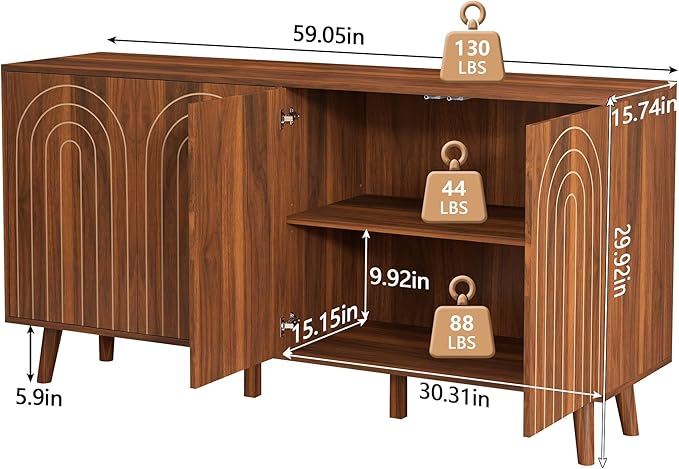 59" Buffet Cabinet with Storage, Modern Accent Sideboard Storage Cabinet with 4 Doors & Carving Lines, Wooden Coffee Bar Table Console for Living Room Kitchen Office and Hallway (Walnut)