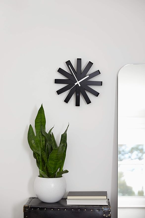 Umbra Ribbon Modern 12-inch Wall Clock, Battery Operated Quartz Movement, Silent Non Ticking Wall Clocks, Black