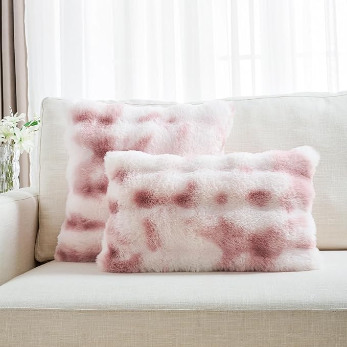 FUTEI Pink White Decorative Throw Pillow Covers 26x26 Inch Set of 2,Soft Fuzzy Faux Rabbit Fur Euro Pillow Shams with Raised Texture,Neutral Boho Home Decor for Couch Bed Living Room