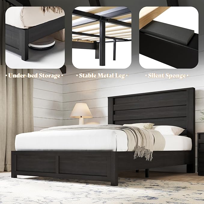 AMERLIFE Farmhouse Queen Size Bed Frame with 49" Tall Headboard, Platform Bed with Natural Wood Grain, No Box Spring Needed/Noise Free, Black