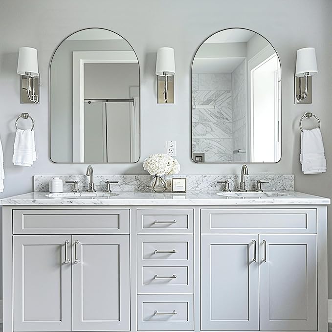 ANDY STAR Arched Mirror, 24" x 38" Brushed Nickle Bathroom Mirror in Stainless Steel Metal Frame, Arch Top Rounded Corner 1" Deep Set Design Wall Mount Hangs Vertical