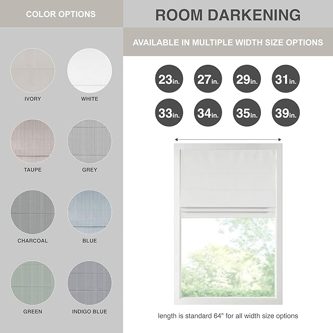Madison Park Galen Cordless Roman Shade, 23"W x 64"H, Sheen White – Room Darkening, Thermal Insulated, Energy Efficient Window Blind with Subtle Sheen Basketweave Fabric for Privacy