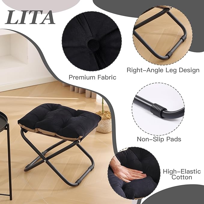 LITA Folding Footrest Stool, Portable Ottoman Foot Rest, Upholstered Small Foldable Ottoman with Detachable Thick Cotton Cushion Padded Sofa Stool for Living Room, Bedroom, Velvet Black Set