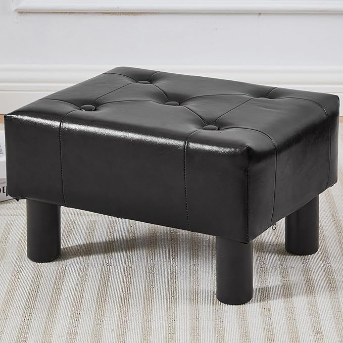 Small Foot Stool Ottoman, Faux Leather Footstool Ottoman Foot Rest for Couch, Rectangle Footstools and Ottomans Small for Living Room, Entryway and Bedroom (Black)