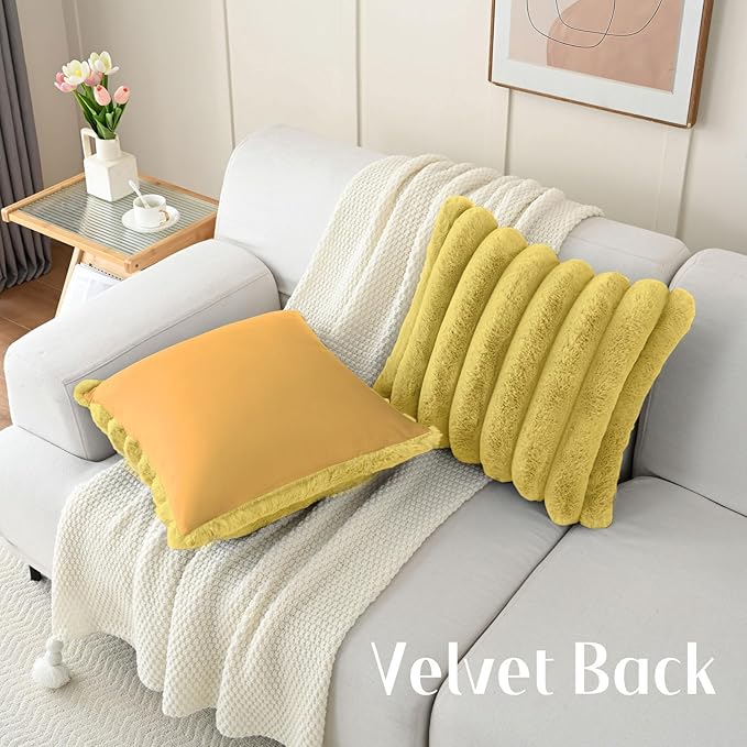 FUTEI Mustard Yellow Decorative Throw Pillow Covers 16x16 Inch Set of 2, Square Soft Faux Rabbit Fur Big Striped Cushion Cover,Home Decor for Couch Sofa Bed Living Room