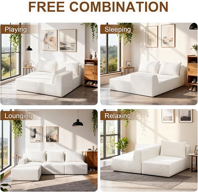 JSLOVE Modular L-Shape Sectional Sofa with Chaise, 3 Seat Movable Boneless Cloud Couch in One Box, Sofa Couch Bed with Ultra-Soft Corduroy Fabric, No Assembly Required for Living Room, Bedroom(Beige)
