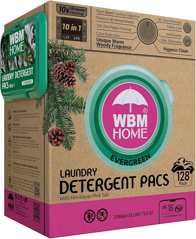 WBM Laundry Detergent Pods - Ultra-Concentrated, Hypoallergenic, Stain-Fighting, Evergreen Scent, 128-Pack, Recyclable Packaging for Eco-Friendly Cleaning