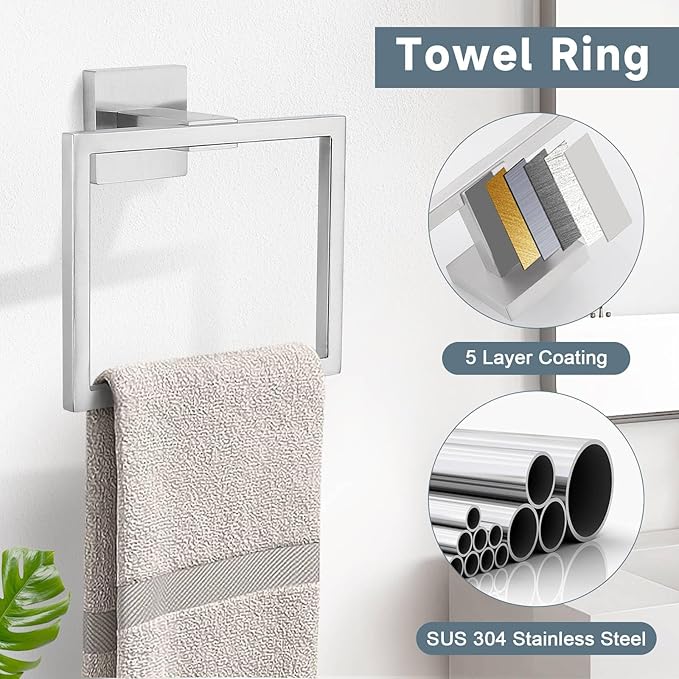 TNOMS Brushed Nickel 10-Piece Bathroom Hardware Accessories Set-Towel Bar & Holder Set for Bathroom,SUS304 Stainless Steel Bathroom Accessories Set Wall Mounted,16-Inch