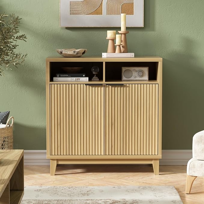 Buffet Cabinet with Storage - Elegant Fluted Storage Cabinet with Adjustable Shelves and Solid Wood Leg, Modern Buffet Sideboard for Living Room, Dining Room, Entryway