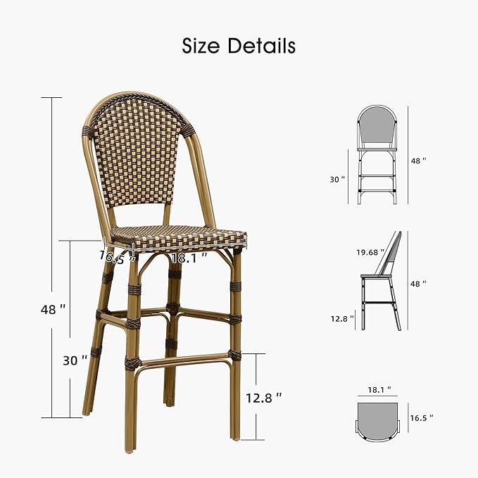 PURPLE LEAF French Bar Stool Set of 2 Bamboo Print Finish Patio Bar Stools with Back Rattan Chairs Wicker Bar Height Stool 30" with Footrest Kitchen Island Stools Outdoor Barstool Brown