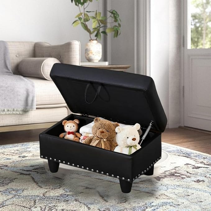 Faux Leather Storage Ottoman with Nailhead Trim, 28.5"X19.5"X17.5" Footrest Stool, Hidden Storage Foot Stool for Living Room, Bedroom Furniture, Black