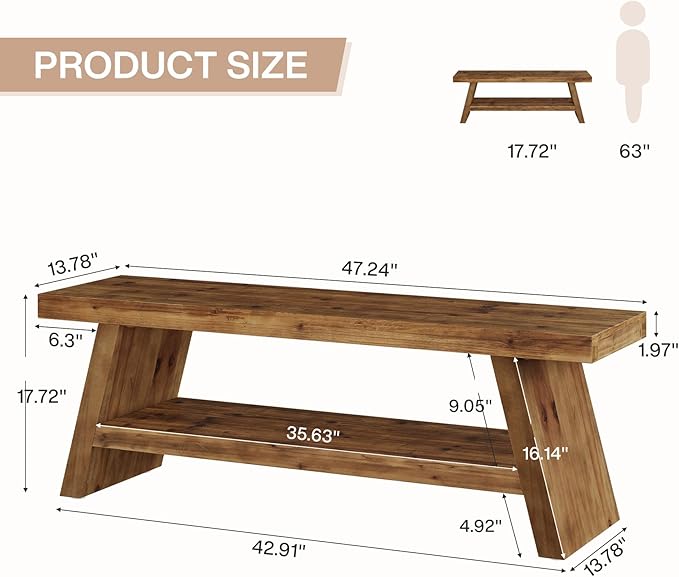 2-Tier Entryway Bench, Hallway Foyer Solid Wood Seating with Open Shelves, Wooden Shoe Bench Indoor for Entryway, Living Room, Bedroom (Rustic Brown)