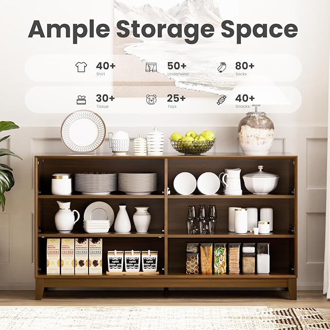 COLAMY Fluted Dresser for Bedroom, 6 Drawer Wood Dresser 55”, Chest of Drawers with Large Storage, Metal Handles, Modern TV Stand for Living Room, Hallway, Walnut