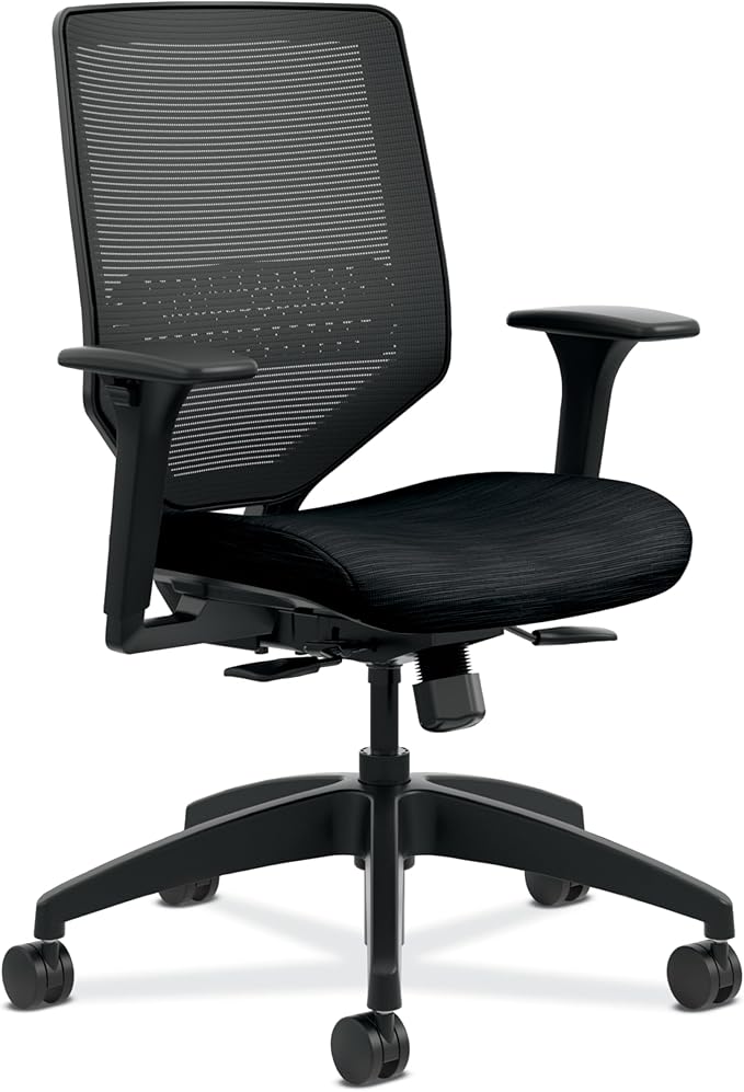 HON Solve Task Chair, Ergonomic Office Chair Mesh Back Support, Adjustable Lumbar Support, with Wheels, Height-Adjustable Arms, for Computers, Desks, Home Office, Black