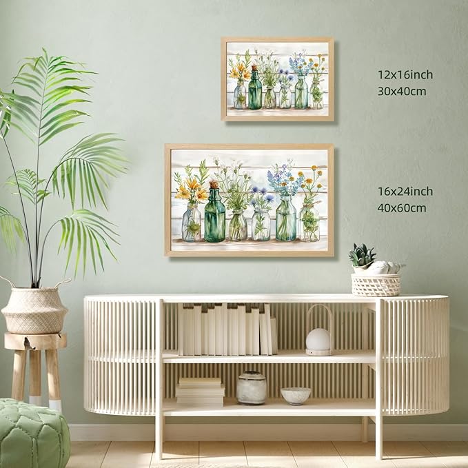 HLXRAE Wood Framed Green Bathroom Wall Art, Vintage Rustic Farmhouse Bathroom Wall Decor, Watercolor Floral Canvas Painting, Sage Green Plant Aesthetic Picture for Laundry Room Decor 16x24 inch